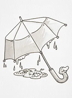 Comic depiction of open umbrella with duck-face handle, and rain drops forming puddle Comic depiction of open umbrella with duck-face handle, and rain drops forming puddle