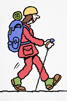 Comical depiction of Polar explorer with heavy backpack, holding ski poles Comical depiction of Polar explorer with heavy backpack, holding ski poles