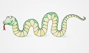 Comical depiction of smiling green and yellow snake, slithering with tongue sticking out Comical depiction of smiling green and yellow snake, slithering with tongue sticking out