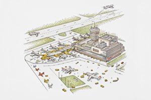 Commercial airport including terminal building and runway Commercial airport including terminal building and runway