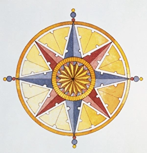Compass in shape of circle yellow, blue and orange in color, with eight points that around the circumference derived Compass in shape of circle yellow, blue and orange in color, with eight points that around the circumference derived