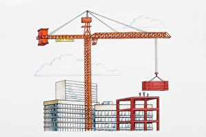 Crane lifting building materials above skyscrapers Crane lifting building materials above skyscrapers