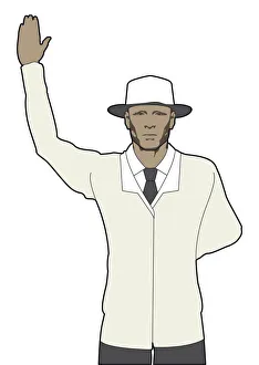 Cricket umpire signalling bye, one hand raised, other hand behind back Cricket umpire signalling bye, one hand raised, other hand behind back