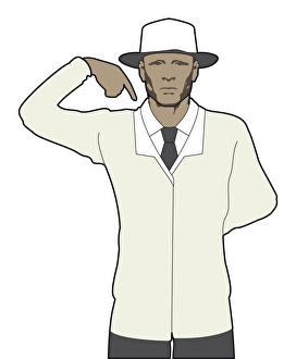 Cricket umpire signalling short run, one hand pointing towards shoulder Cricket umpire signalling short run, one hand pointing towards shoulder