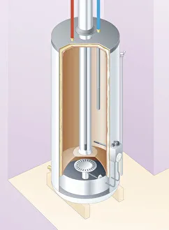 Cross section digital illustration of a gas water heater showing cold in, hot out Cross section digital illustration of a gas water heater showing cold in, hot out
