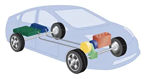 Cross section digital illustration of hybrid car showing power split unit, electric motor Cross section digital illustration of hybrid car showing power split unit, electric motor