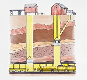 Cross section illustration of pit mine showing elevators moving up and down in mine shaft, and train of coal below Cross section illustration of pit mine showing elevators moving up and down in mine shaft, and train of coal below