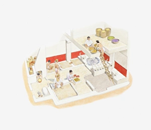 Cross section illustration of recreation of neolithic town from the excavations carried Cross section illustration of recreation of neolithic town from the excavations carried