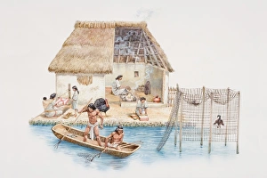 Cross-section illustration of riverside Aztec dwelling with thatched roof Cross-section illustration of riverside Aztec dwelling with thatched roof