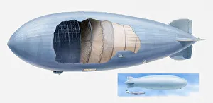 Cross section illustration of Zeppelin and scale of model of airship compared to commercial aircraft Cross section illustration of Zeppelin and scale of model of airship compared to commercial aircraft