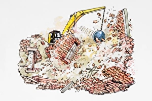 Demolishing a building with a wrecking ball Demolishing a building with a wrecking ball