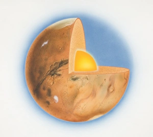 Diagram of planet Mars with quarter of sphere removed to reveal subterranean layers Diagram of planet Mars with quarter of sphere removed to reveal subterranean layers