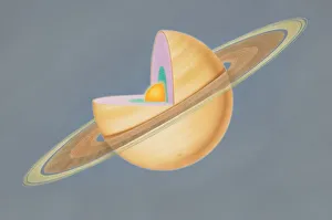 Diagram of planet Saturn with quarter of sphere removed to reveal subterranean layers, front view Diagram of planet Saturn with quarter of sphere removed to reveal subterranean layers, front view