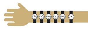 Digital cartoon of six watches on wrist and arm showing different times and question mark Digital cartoon of six watches on wrist and arm showing different times and question mark
