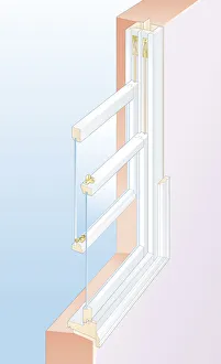 Digital cross section illustration showing inner and outer sash, sill, pulley stile Digital cross section illustration showing inner and outer sash, sill, pulley stile