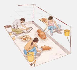 Digital illustration of archaeologists digging for pottery at ancient site Digital illustration of archaeologists digging for pottery at ancient site