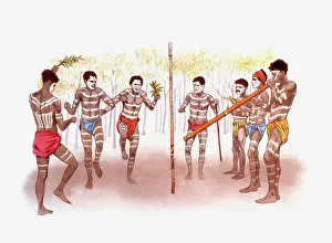 Digital illustration of Australian Aboriginal men dancing, singing, and playing the didgeridoo Digital illustration of Australian Aboriginal men dancing, singing, and playing the didgeridoo