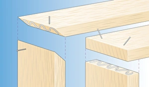 Digital illustration of glue on butt joint reinforced with nails, for basic wood framework Digital illustration of glue on butt joint reinforced with nails, for basic wood framework