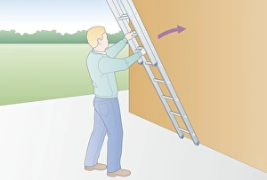 Digital illustration of man holding extension ladder against outside wall Digital illustration of man holding extension ladder against outside wall