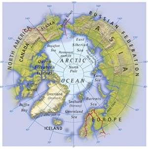 Digital illustration of map showing position of Arctic Ocean and surrounding continents Digital illustration of map showing position of Arctic Ocean and surrounding continents