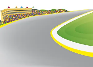 Digital illustration of part of motor racing track with representation of spectators Digital illustration of part of motor racing track with representation of spectators