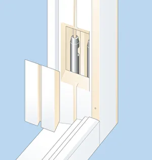 Digital illustration of pocket cover and weights within box frame of sash window Digital illustration of pocket cover and weights within box frame of sash window