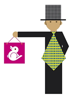Digital illustration representing magician holding pink shopping bag with dove on front Digital illustration representing magician holding pink shopping bag with dove on front