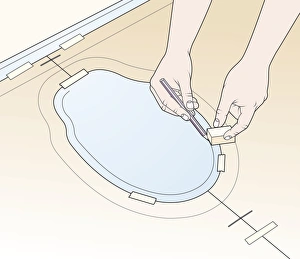Digital illustration of reverse scribing on paper template at base of toilet using pencil Digital illustration of reverse scribing on paper template at base of toilet using pencil