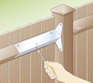Digital illustration of screwing galvanized bracket to arris rail on garden fence Digital illustration of screwing galvanized bracket to arris rail on garden fence