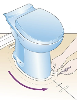Digital illustration of scribing on paper template at base of toilet using pencil Digital illustration of scribing on paper template at base of toilet using pencil
