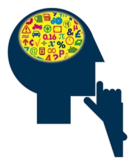 Digital illustration of signs and symbols inside head representing different areas of Digital illustration of signs and symbols inside head representing different areas of