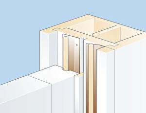 Digital illustration of sprung metal draughtproofing strip nailed to runner grooves of Digital illustration of sprung metal draughtproofing strip nailed to runner grooves of