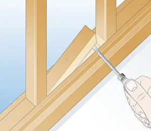 Digital illustration of using flat edge screwdriver to prise out spacer between balusters Digital illustration of using flat edge screwdriver to prise out spacer between balusters