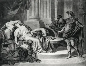 Prints of Engraving from 1894 showing Augustus Caesar and Cleopatra. Cleopatra is dead with a snake in her hand Cobra Prints: Augustus Caesar and Cleopatra 1894 Engraving Print