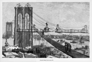 Prints of Beautifully Illustrated Antique Engraved Victorian Illustration of Brooklyn Bridge Construction Victorian Engraving, 1877. Source: Original edition from my own archives World Famous Bridges Prints: Brooklyn Bridge Construction Print, 1877 Engraving