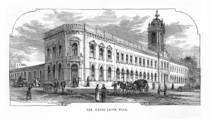 Prints of Very Rare, Beautifully Illustrated Antique Engraving of Exterior of The White Cloth Hall, Leeds, England Victorian Engraving from Our Own Country, Great Britain, Descriptive, Historical, Pictorial Leeds Prints: Rare Victorian Print: White Cloth Hall, Leeds, England 1880