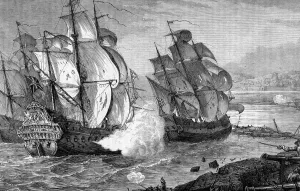 Prints of Vintage engraving from 1875 showing the armed merchent ships the Mountjoy and Phoenix breaking through the boom at the Siege of Derry, which place in Ireland in 1689 County Londonderry Prints: Mountjoy Breaking the Boom at Siege of Derry 1689 Print