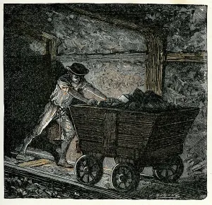 Victorian Coal Miner Pushing Minecart Print, 1875