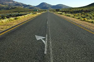 Directional arrow to the left on the straight strip of asphalt at the National Road N7 Directional arrow to the left on the straight strip of asphalt at the National Road N7