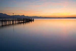 Dock in the evening light near Chieming on Lake Chiemsee, Bavaria, Germany, Europe, PublicGround Dock in the evening light near Chieming on Lake Chiemsee, Bavaria, Germany, Europe, PublicGround