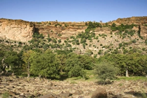 Dogon village of Banani with ancient Tellem dwellings underneath the Bandiagara Escarpment Dogon village of Banani with ancient Tellem dwellings underneath the Bandiagara Escarpment