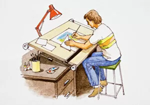 Images Dated 16th February 2007: Draftsman working at desk in office, elavated view