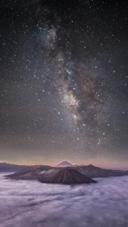 Dreamlike Milky way and mountain range before morning sunrise at bromo volcano mountain with Vertical 16:9 format Dreamlike Milky way and mountain range before morning sunrise at bromo volcano mountain with Vertical 16:9 format