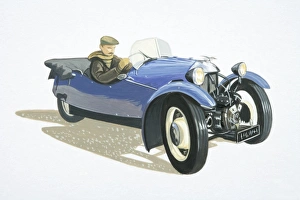 Driver in blue Morgan three-wheeler cyclecar, side view Driver in blue Morgan three-wheeler cyclecar, side view