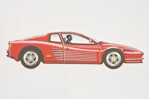 Driver in red coupe sports car, raised rear, low bonnet, side view Driver in red coupe sports car, raised rear, low bonnet, side view