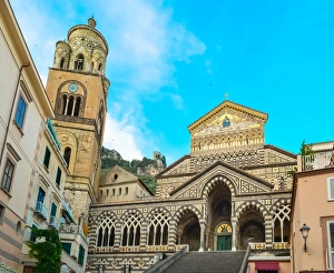 Duomo di Amalfi cathedral facade with bell tower, Amalfi, Italy Duomo di Amalfi cathedral facade with bell tower, Amalfi, Italy