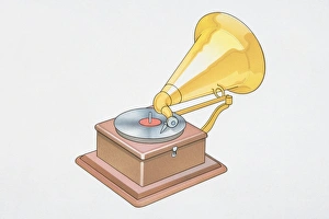 Collections/dorling kindersley prints/early record player large trumpet Collections/dorling kindersley prints/early record player large trumpet