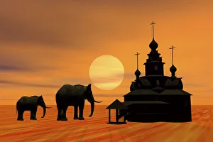 Two elephants in front of a temple at sunset, silhouette, 3D graphics Two elephants in front of a temple at sunset, silhouette, 3D graphics
