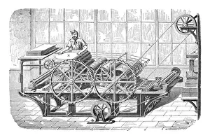 Engraving of man working at a printing machine Engraving of man working at a printing machine