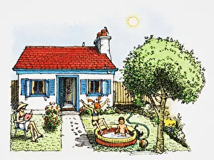 Family scene on hot summer day in garden, with children playing in paddling pool, parent reading book Family scene on hot summer day in garden, with children playing in paddling pool, parent reading book